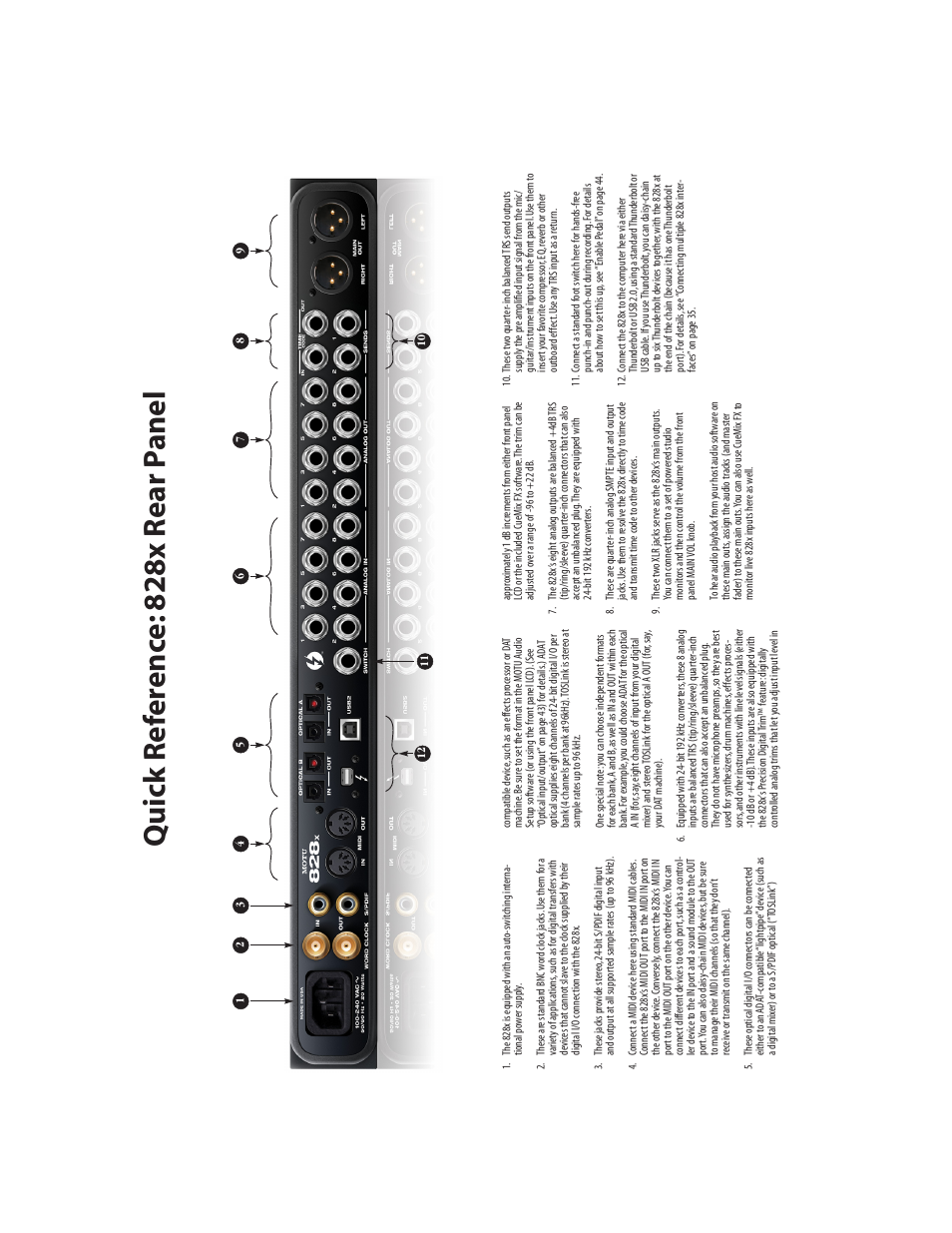 Quick reference: 828x rear panel, Quick ref e re nc e: 828x rear p a nel | MOTU 828x 28x30 Audio Interface with ThunderTechnology User Manual | Page 8 / 128