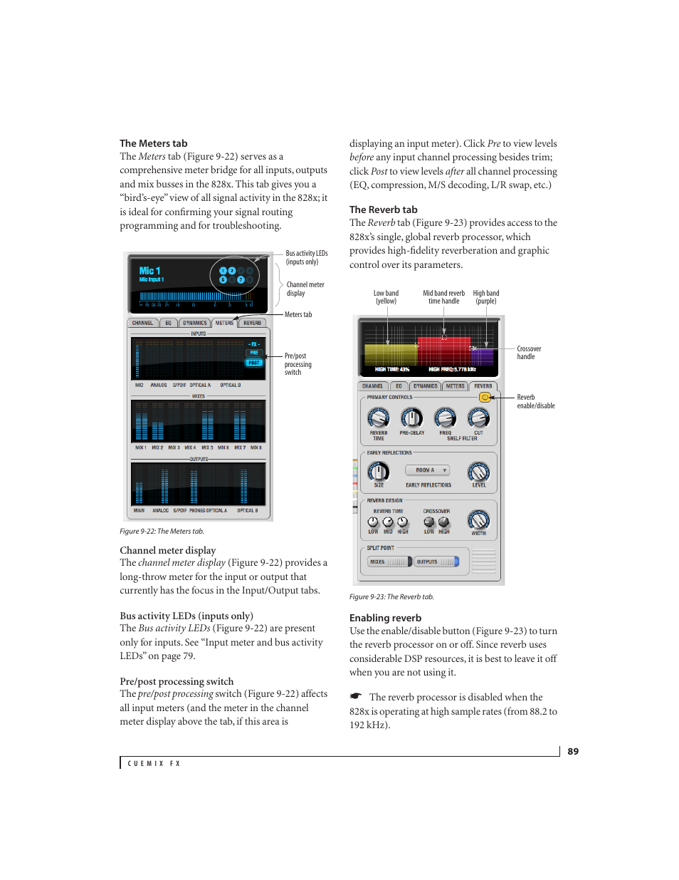 The meters tab, The reverb tab, Enabling reverb | MOTU 828x 28x30 Audio Interface with ThunderTechnology User Manual | Page 89 / 128