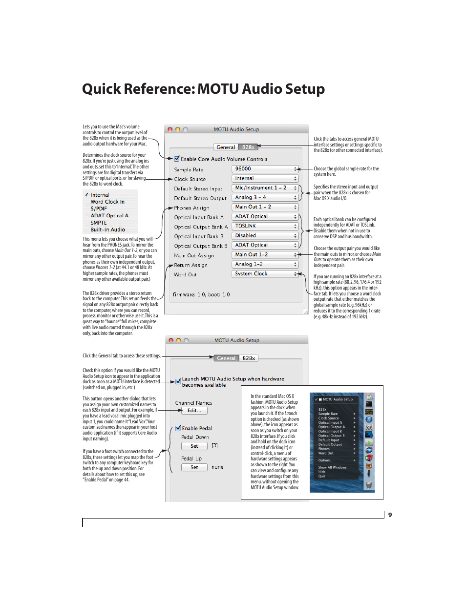 Quick reference: motu audio setup, Chapter | MOTU 828x 28x30 Audio Interface with ThunderTechnology User Manual | Page 9 / 128