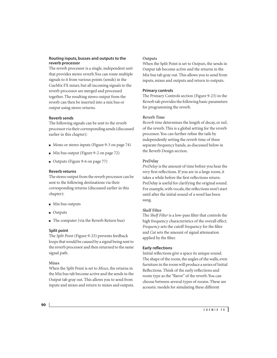 Reverb sends, Reverb returns, Split point | Primary controls, Early reflections | MOTU 828x 28x30 Audio Interface with ThunderTechnology User Manual | Page 90 / 128