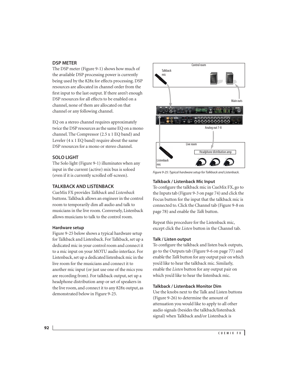 Dsp meter, Solo light, Talkback and listenback | Hardware setup, Talkback / listenback mic input, Talk / listen output, Talkback / listenback monitor dim, Dsp meter solo light talkback and listenback | MOTU 828x 28x30 Audio Interface with ThunderTechnology User Manual | Page 92 / 128