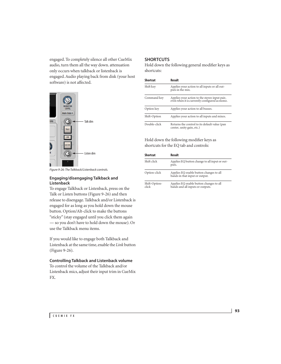 Engaging/disengaging talkback and listenback, Controlling talkback and listenback volume, Shortcuts | MOTU 828x 28x30 Audio Interface with ThunderTechnology User Manual | Page 93 / 128