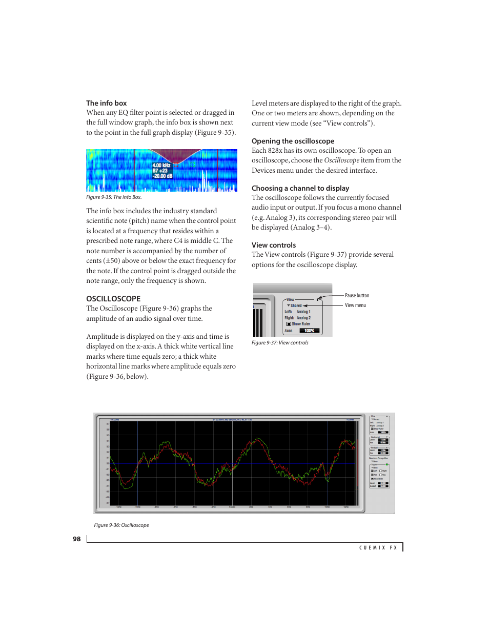 The info box, Oscilloscope, Opening the oscilloscope | Choosing a channel to display, View controls | MOTU 828x 28x30 Audio Interface with ThunderTechnology User Manual | Page 98 / 128