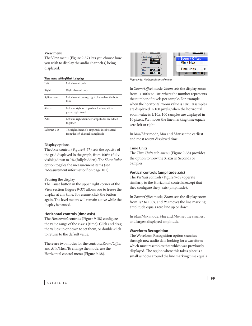 Horizontal controls (time axis), Vertical controls (amplitude axis), Waveform recognition | MOTU 828x 28x30 Audio Interface with ThunderTechnology User Manual | Page 99 / 128