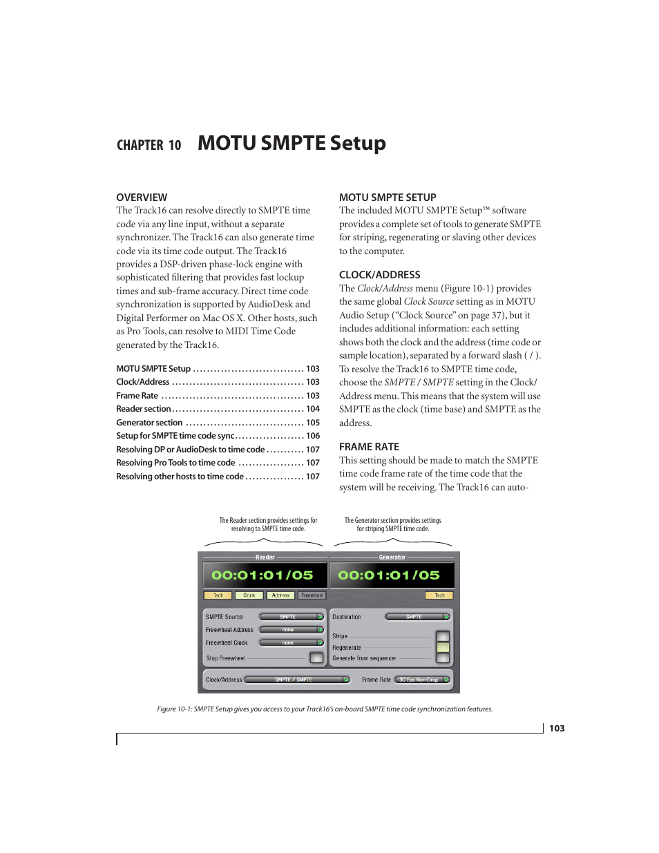 10 motu smpte setup, Overview, Motu smpte setup | Clock/address, Frame rate, Chapter | MOTU Track16 - Desktop Studio FireWire/USB 2.0 Interface User Manual | Page 103 / 118