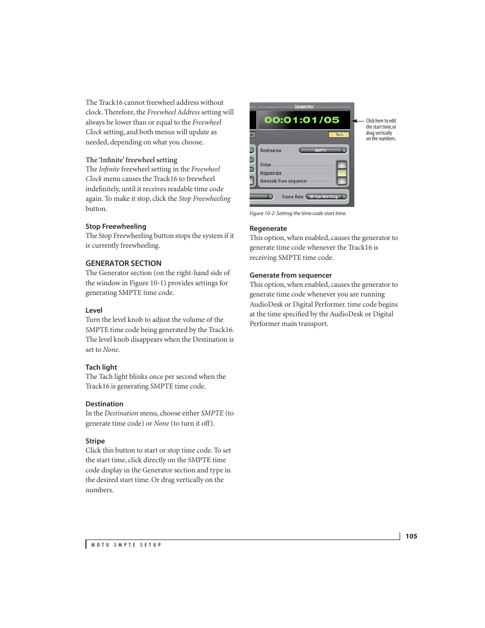 Stop freewheeling, Generator section, Level | Tach light, Destination, Stripe, Regenerate, Generate from sequencer | MOTU Track16 - Desktop Studio FireWire/USB 2.0 Interface User Manual | Page 105 / 118