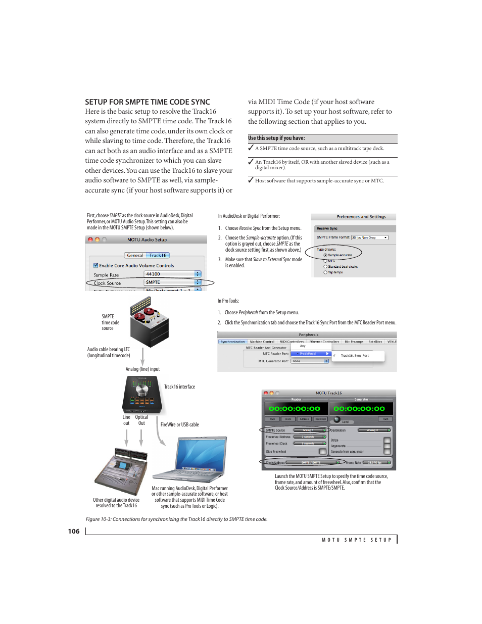 Setup for smpte time code sync | MOTU Track16 - Desktop Studio FireWire/USB 2.0 Interface User Manual | Page 106 / 118