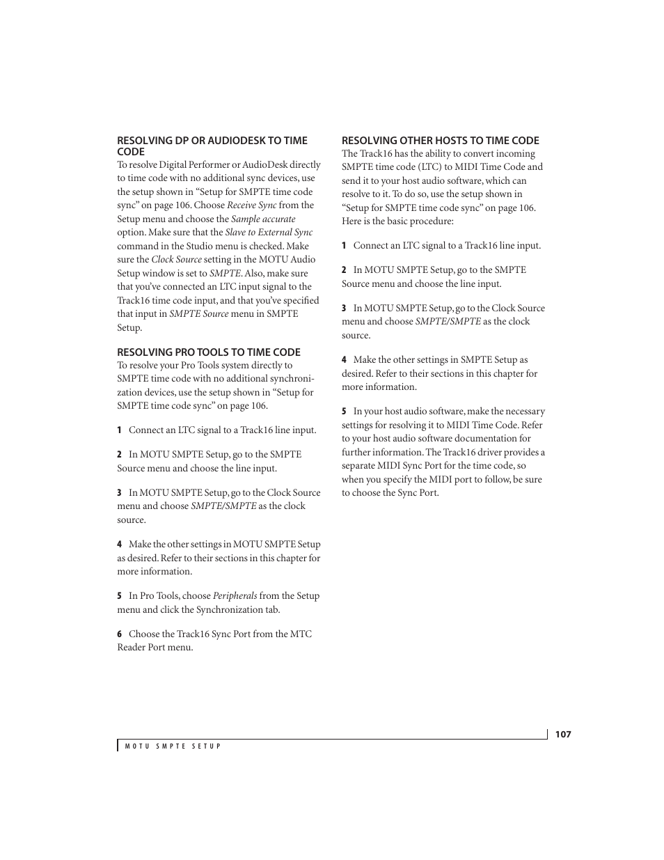 Resolving dp or audiodesk to time code, Resolving pro tools to time code, Resolving other hosts to time code | MOTU Track16 - Desktop Studio FireWire/USB 2.0 Interface User Manual | Page 107 / 118