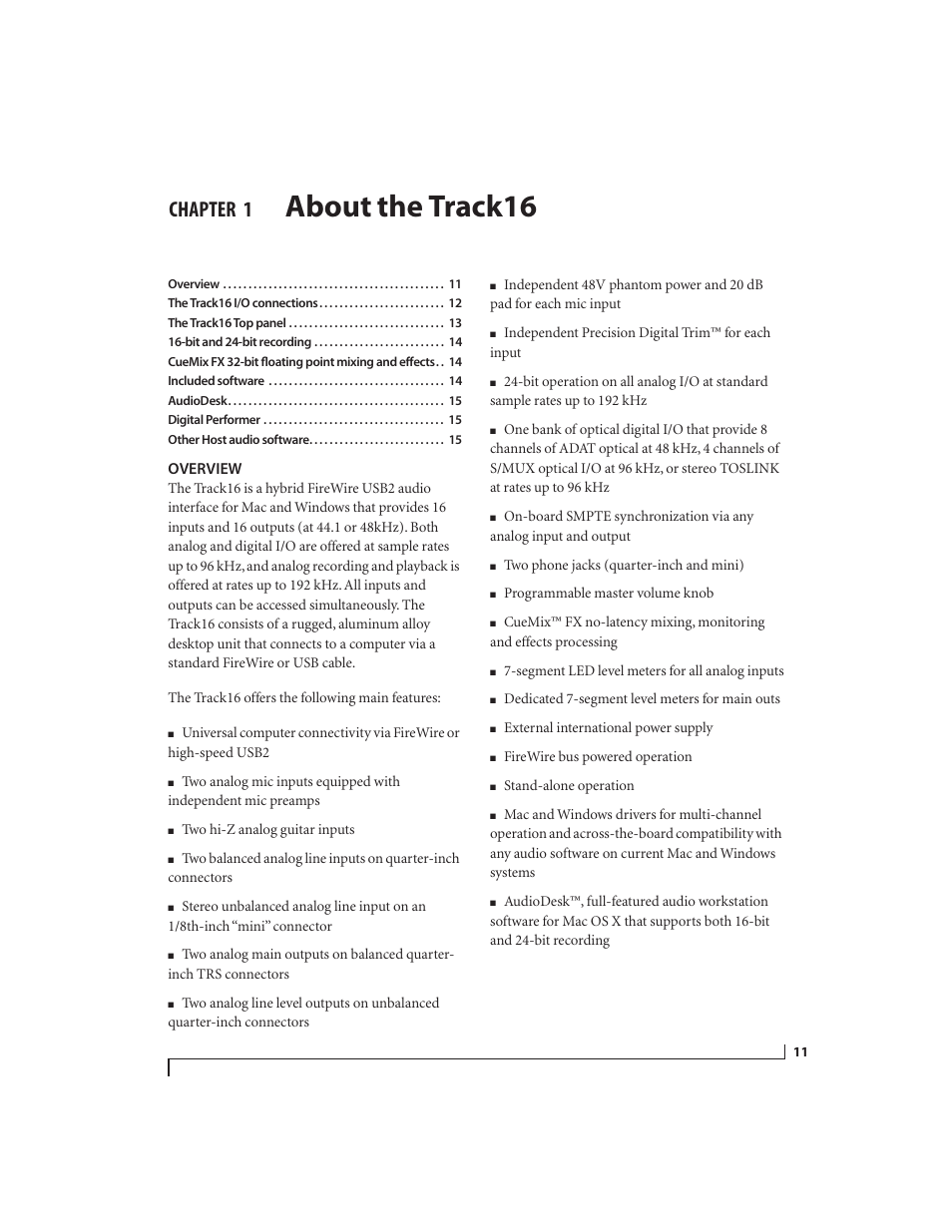 1 about the track16, Overview, About the track16 | Chapter | MOTU Track16 - Desktop Studio FireWire/USB 2.0 Interface User Manual | Page 11 / 118