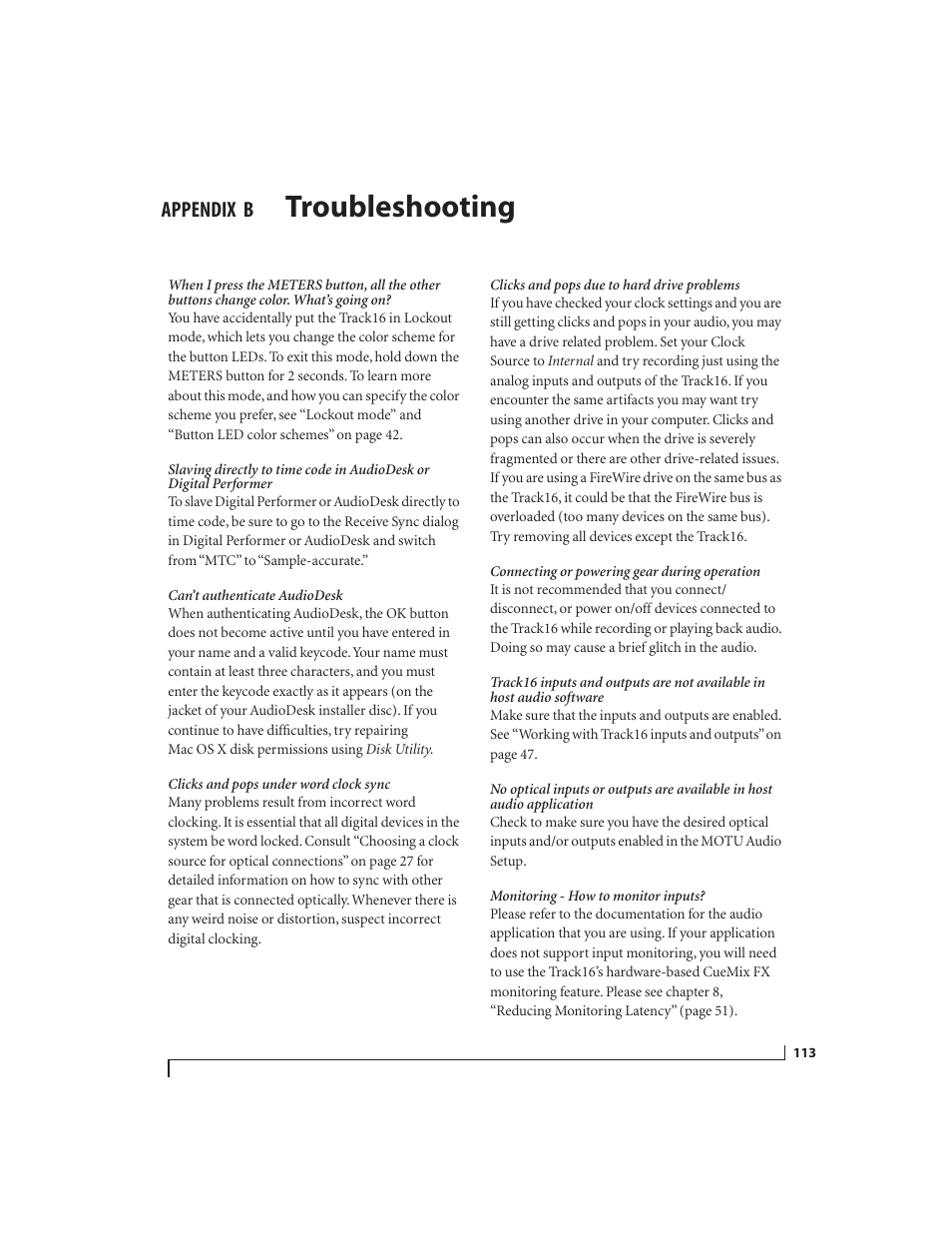 B troubleshooting, Troubleshooting, Appendix | MOTU Track16 - Desktop Studio FireWire/USB 2.0 Interface User Manual | Page 113 / 118