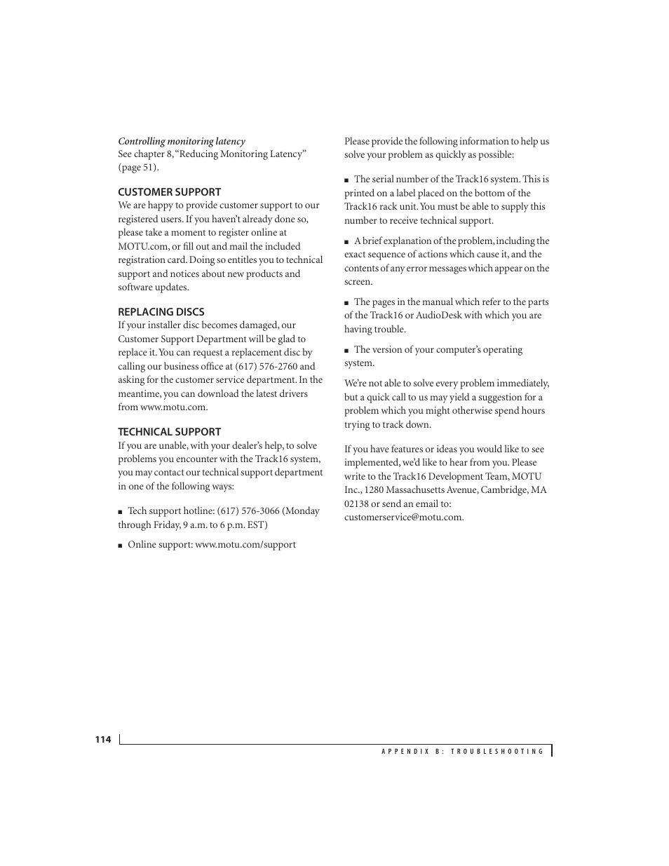 Customer support, Replacing discs, Technical support | MOTU Track16 - Desktop Studio FireWire/USB 2.0 Interface User Manual | Page 114 / 118