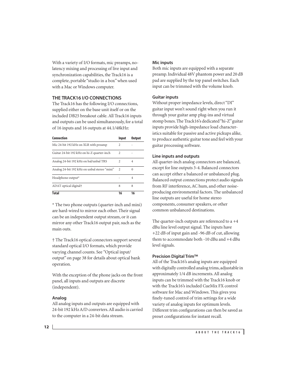 The track16 i/o connections, Analog, Mic inputs | Guitar inputs, Line inputs and outputs, Precision digital trim | MOTU Track16 - Desktop Studio FireWire/USB 2.0 Interface User Manual | Page 12 / 118