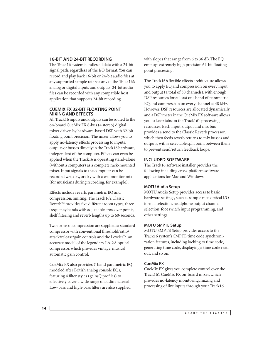 Bit and 24-bit recording, Cuemix fx 32-bit floating point mixing and effects, Included software | Motu audio setup, Motu smpte setup, Cuemix fx | MOTU Track16 - Desktop Studio FireWire/USB 2.0 Interface User Manual | Page 14 / 118