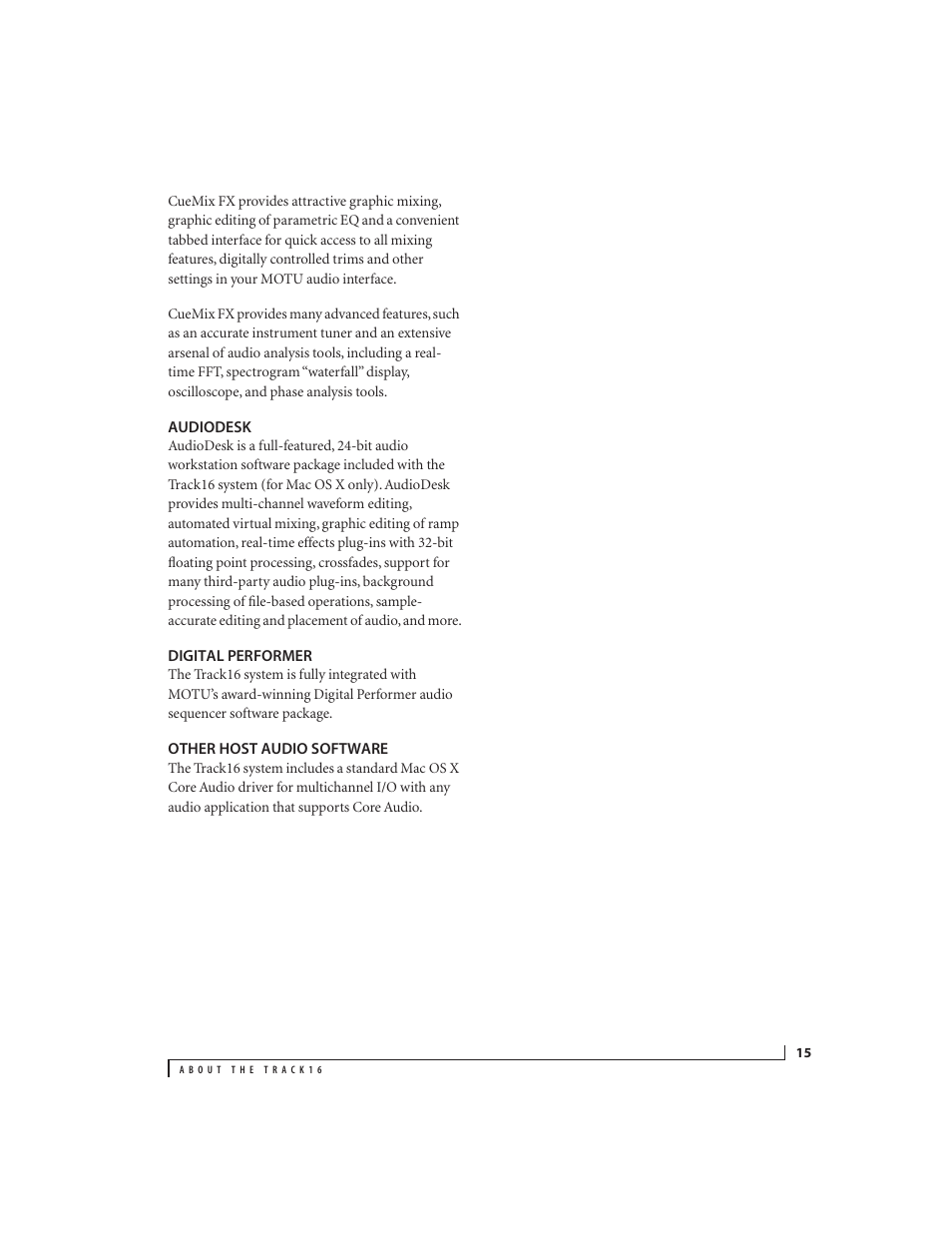 Audiodesk, Digital performer, Other host audio software | MOTU Track16 - Desktop Studio FireWire/USB 2.0 Interface User Manual | Page 15 / 118