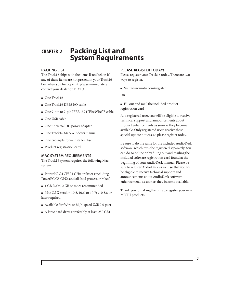 2 packing list and system requirements, Packing list, Mac system requirements | Please register today, Packing list and system requirements, Chapter | MOTU Track16 - Desktop Studio FireWire/USB 2.0 Interface User Manual | Page 17 / 118