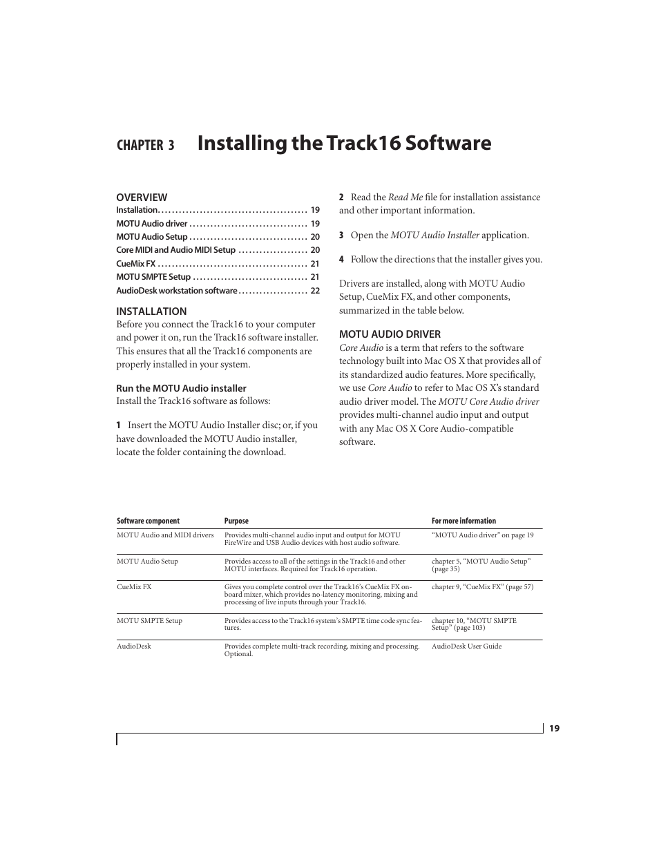 3 installing the track16 software, Overview, Installation | Run the motu audio installer, Motu audio driver, Installing the track16 software, Chapter | MOTU Track16 - Desktop Studio FireWire/USB 2.0 Interface User Manual | Page 19 / 118