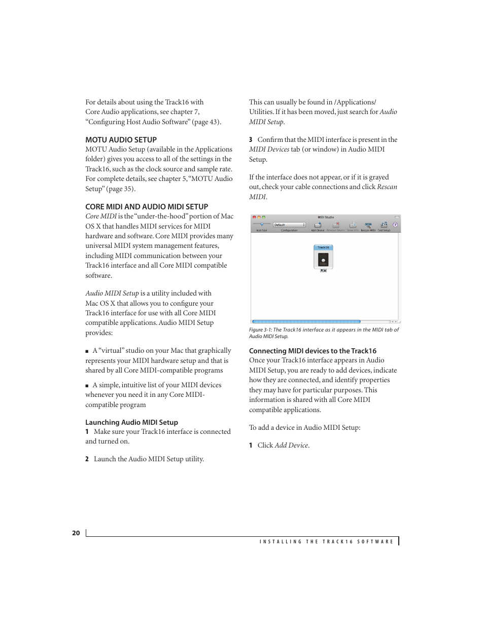 Motu audio setup, Core midi and audio midi setup, Launching audio midi setup | Connecting midi devices to the track16 | MOTU Track16 - Desktop Studio FireWire/USB 2.0 Interface User Manual | Page 20 / 118