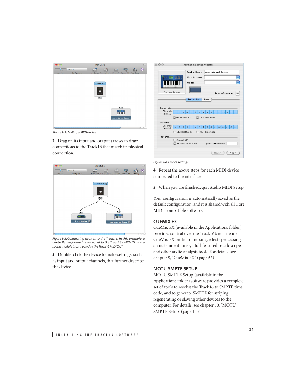 Cuemix fx, Motu smpte setup | MOTU Track16 - Desktop Studio FireWire/USB 2.0 Interface User Manual | Page 21 / 118