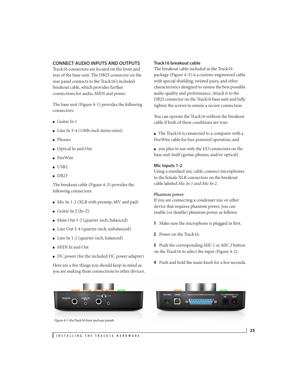 Connect audio inputs and outputs, Track16 breakout cable, Mic inputs 1-2 | MOTU Track16 - Desktop Studio FireWire/USB 2.0 Interface User Manual | Page 25 / 118