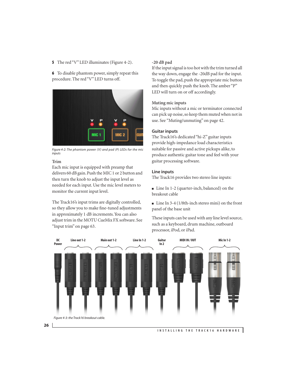 Guitar inputs, Line inputs | MOTU Track16 - Desktop Studio FireWire/USB 2.0 Interface User Manual | Page 26 / 118