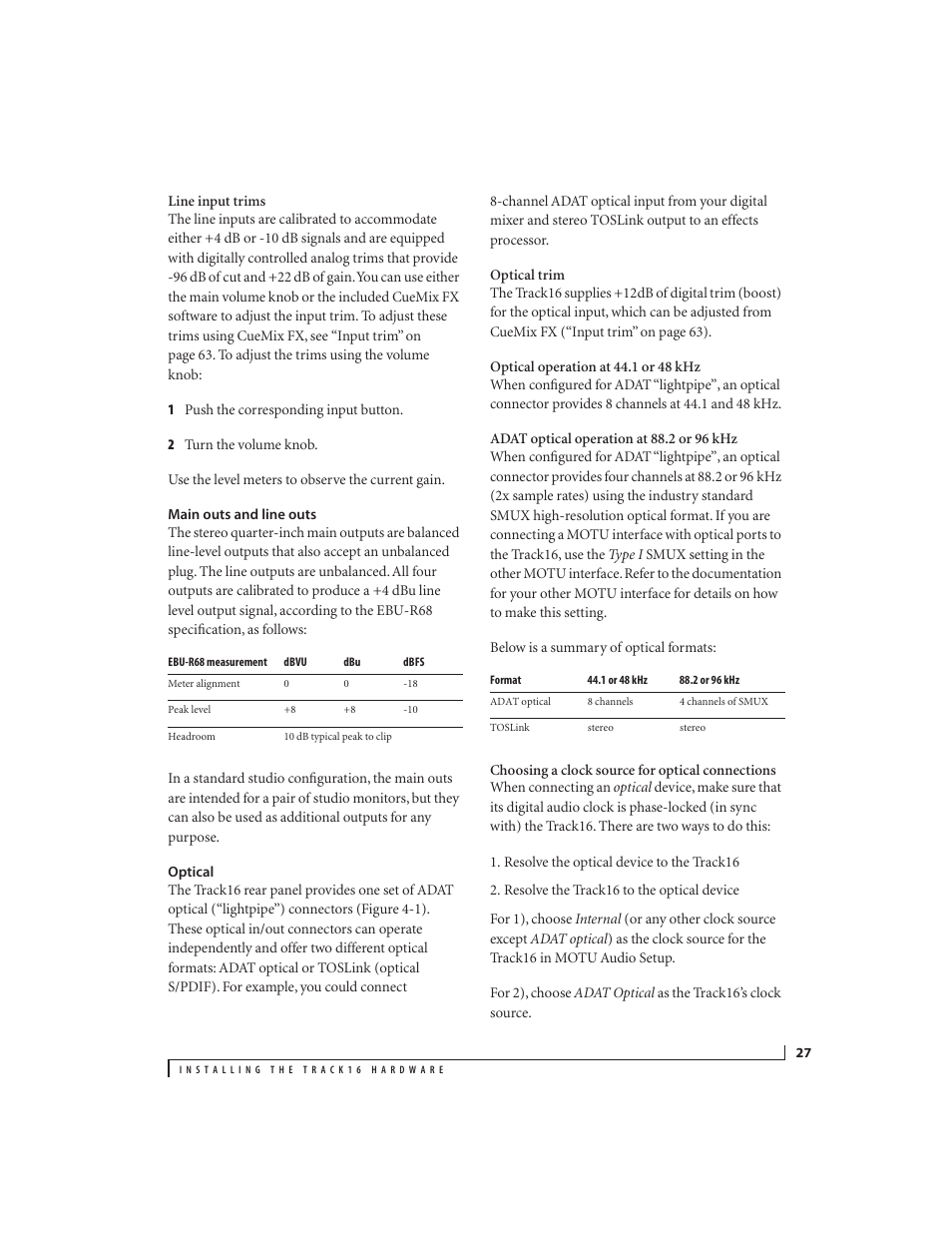 Main outs and line outs, Optical | MOTU Track16 - Desktop Studio FireWire/USB 2.0 Interface User Manual | Page 27 / 118