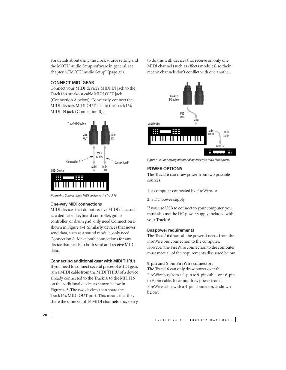 Connect midi gear, One-way midi connections, Connecting additional gear with midi thrus | Power options, Bus power requirements | MOTU Track16 - Desktop Studio FireWire/USB 2.0 Interface User Manual | Page 28 / 118