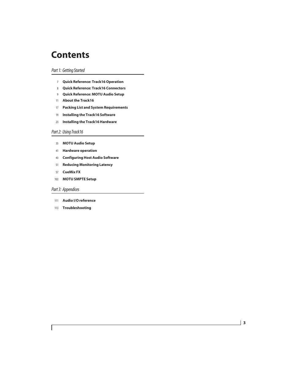 MOTU Track16 - Desktop Studio FireWire/USB 2.0 Interface User Manual | Page 3 / 118