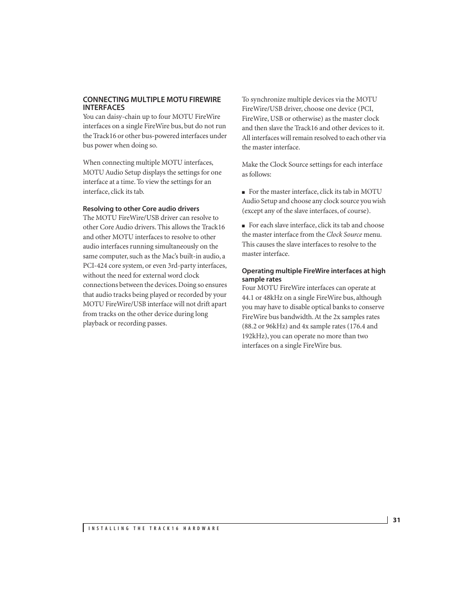 Connecting multiple motu firewire interfaces, Resolving to other core audio drivers | MOTU Track16 - Desktop Studio FireWire/USB 2.0 Interface User Manual | Page 31 / 118