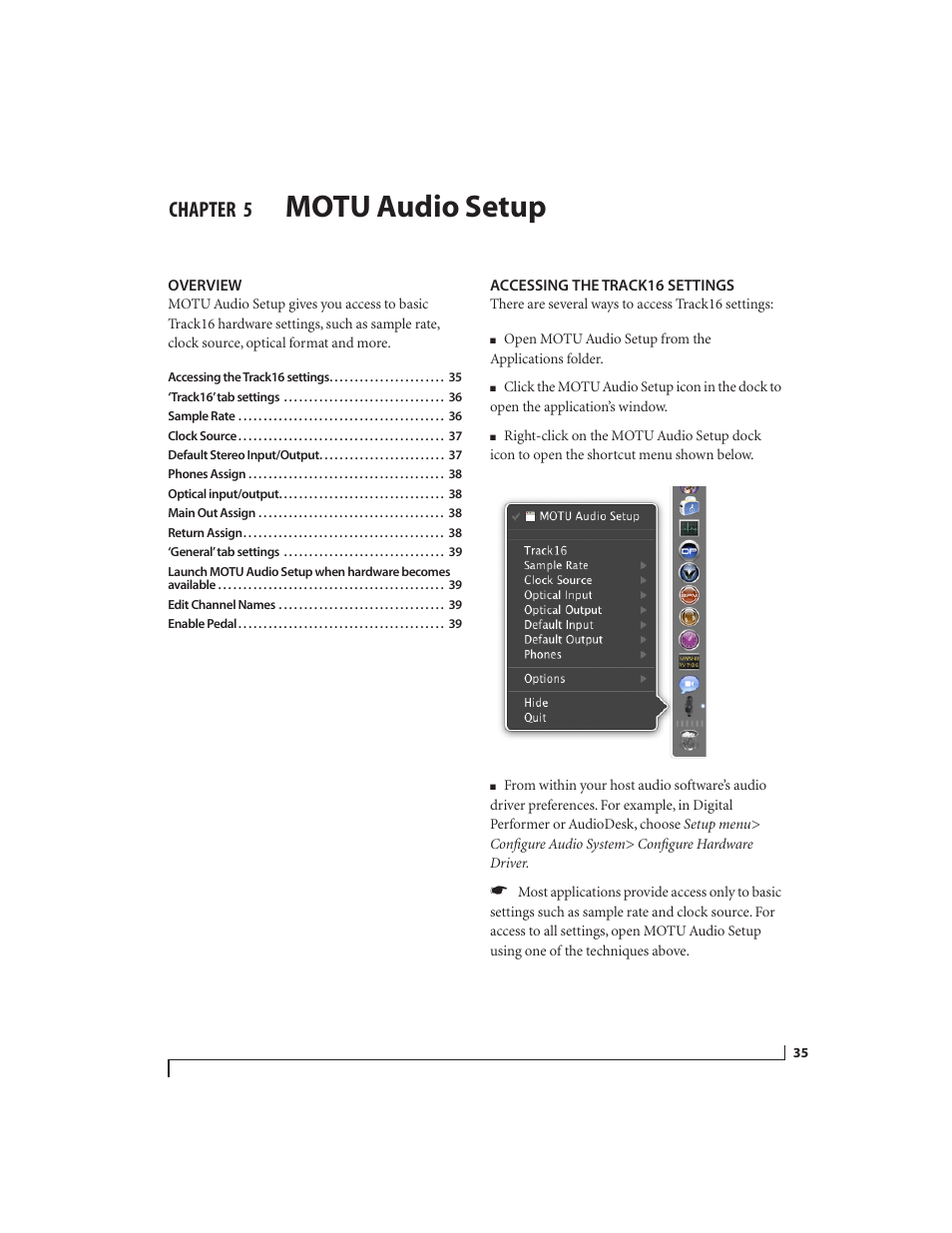 5 motu audio setup, Overview, Accessing the track16 settings | Motu audio setup, Chapter | MOTU Track16 - Desktop Studio FireWire/USB 2.0 Interface User Manual | Page 35 / 118