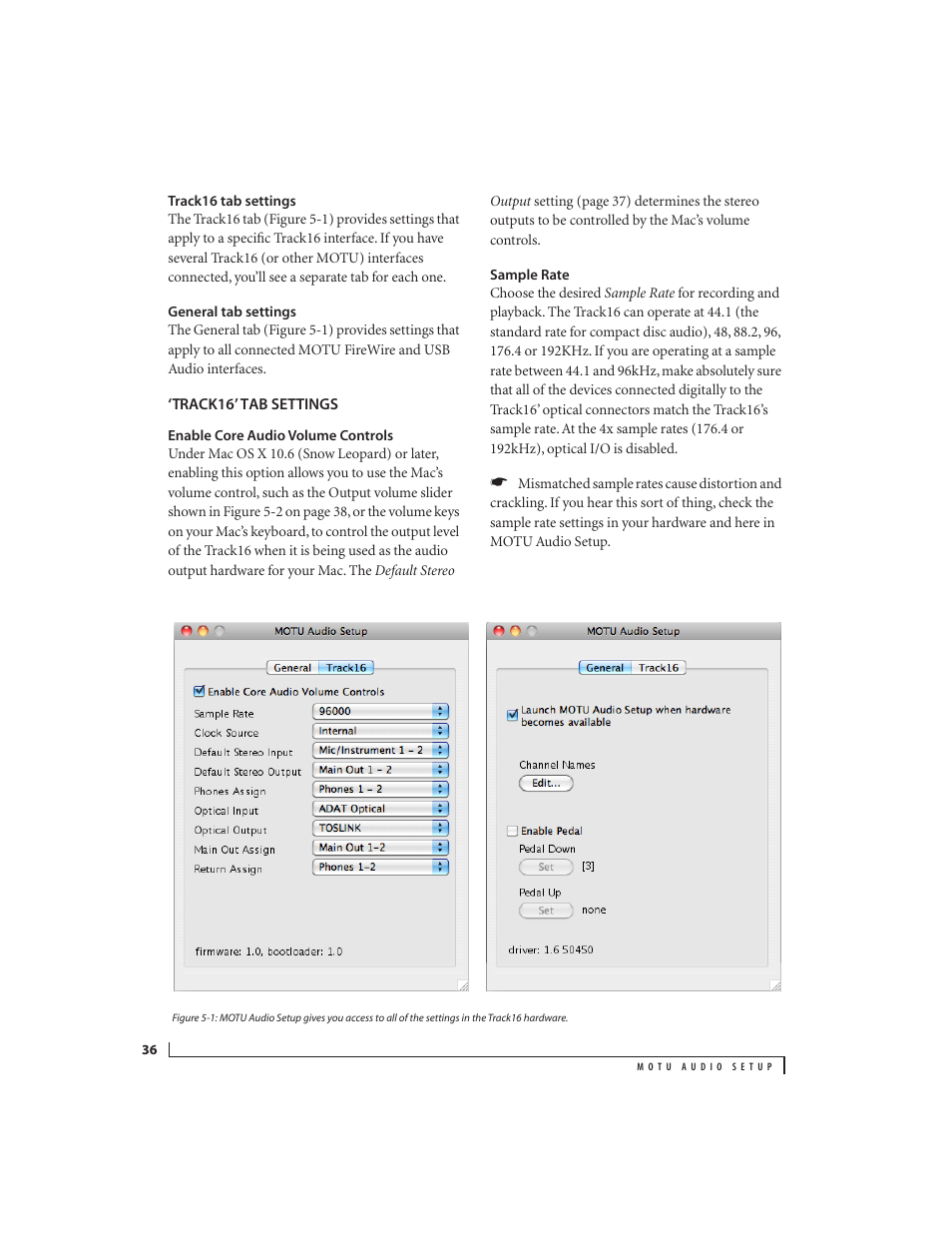 Track16 tab settings, General tab settings, Track16’ tab settings | Enable core audio volume controls, Sample rate | MOTU Track16 - Desktop Studio FireWire/USB 2.0 Interface User Manual | Page 36 / 118