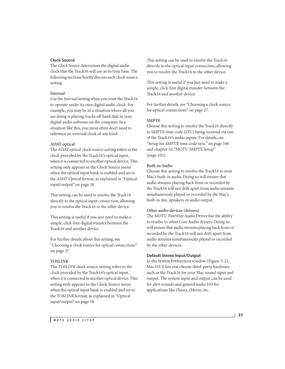 Clock source, Default stereo input/output | MOTU Track16 - Desktop Studio FireWire/USB 2.0 Interface User Manual | Page 37 / 118