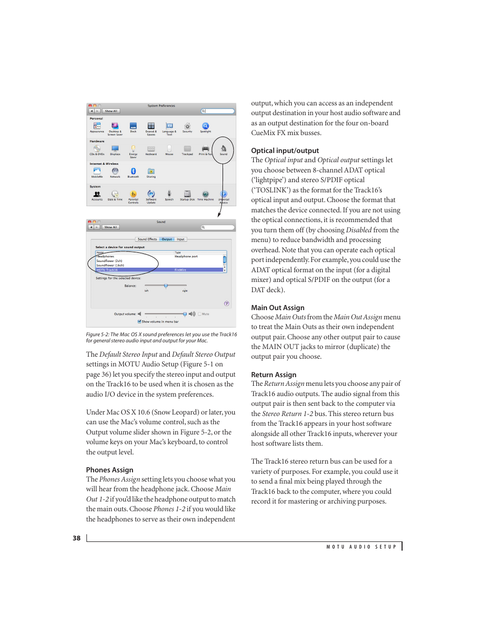 Phones assign, Optical input/output, Main out assign | Return assign, Ed in “optical | MOTU Track16 - Desktop Studio FireWire/USB 2.0 Interface User Manual | Page 38 / 118