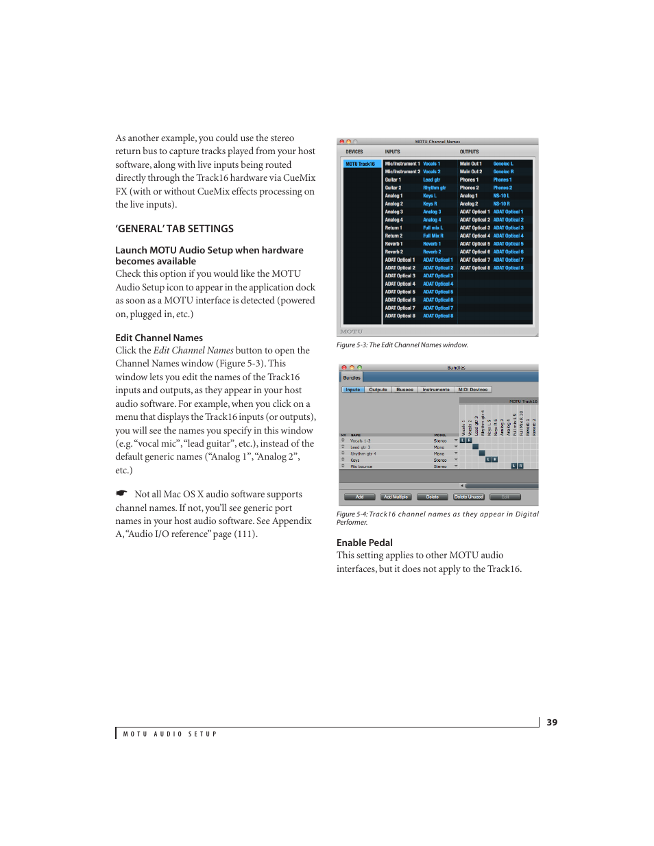 General’ tab settings, Edit channel names, Enable pedal | MOTU Track16 - Desktop Studio FireWire/USB 2.0 Interface User Manual | Page 39 / 118