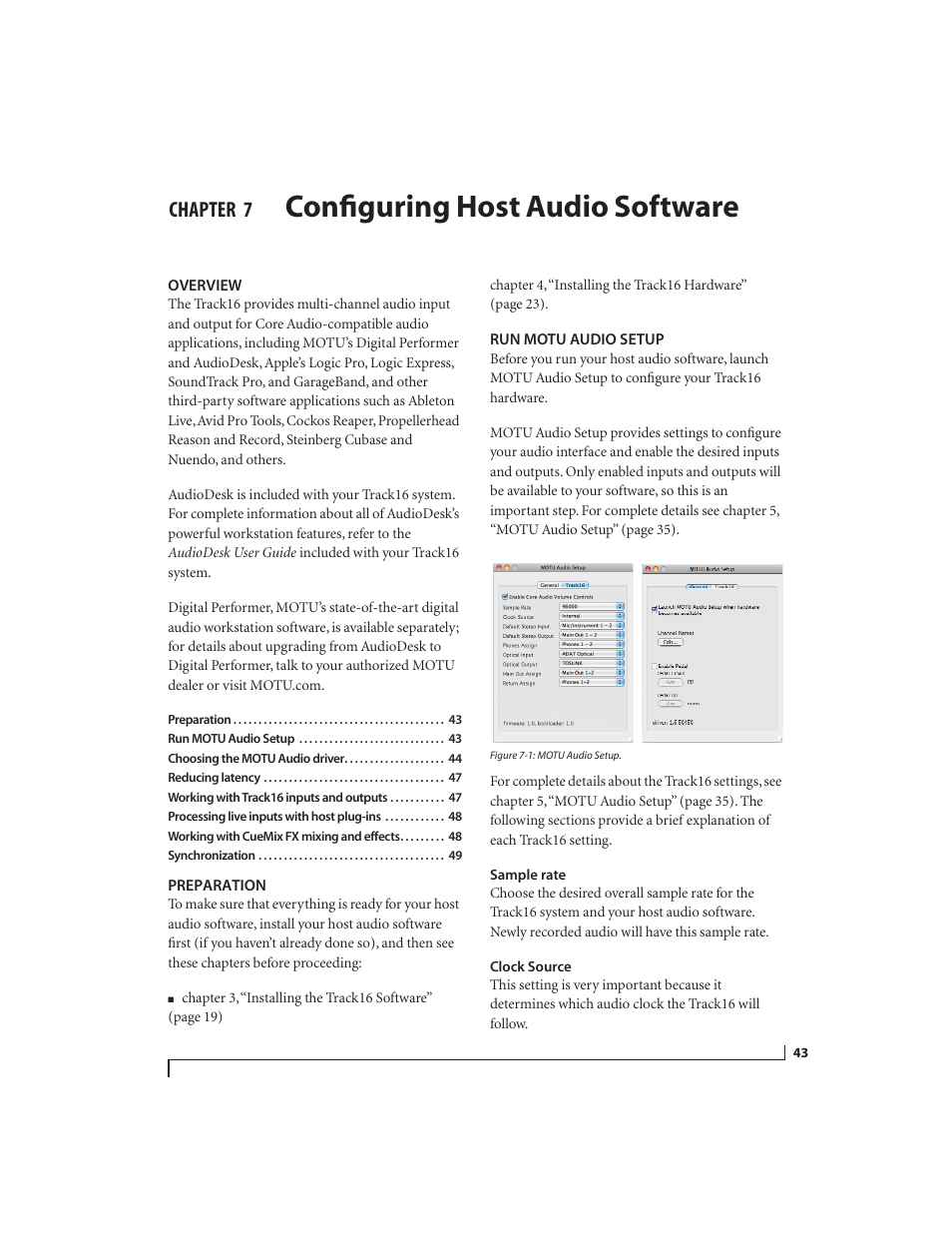 7 configuring host audio software, Overview, Preparation | Run motu audio setup, Sample rate, Clock source, Configuring host audio software, Chapter | MOTU Track16 - Desktop Studio FireWire/USB 2.0 Interface User Manual | Page 43 / 118