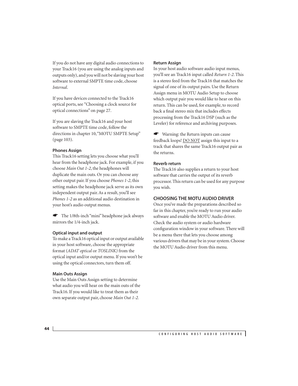 Phones assign, Optical input and output, Main outs assign | Return assign, Reverb return, Choosing the motu audio driver | MOTU Track16 - Desktop Studio FireWire/USB 2.0 Interface User Manual | Page 44 / 118