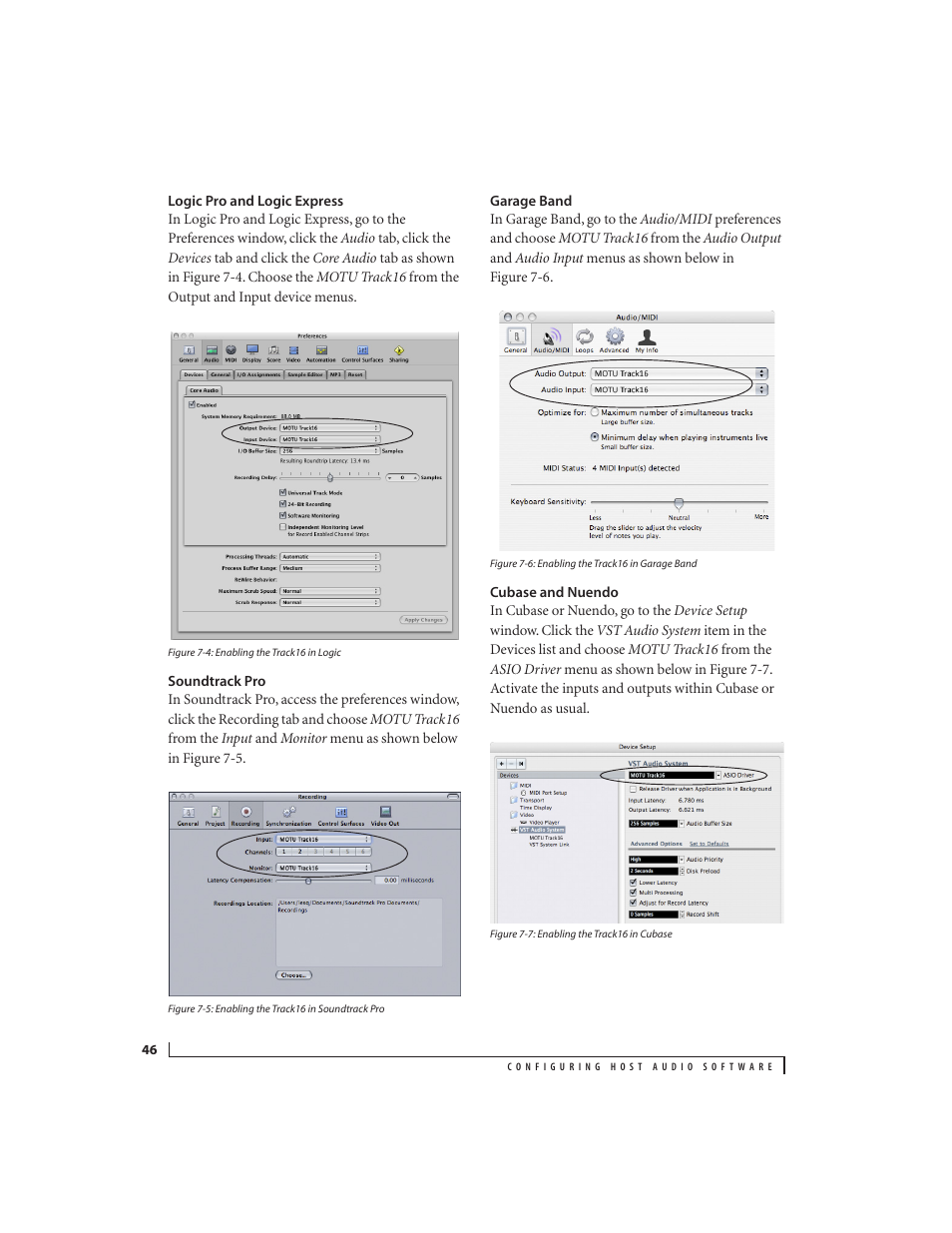 Logic pro and logic express, Soundtrack pro, Garage band | Cubase and nuendo | MOTU Track16 - Desktop Studio FireWire/USB 2.0 Interface User Manual | Page 46 / 118