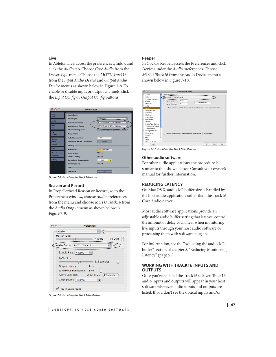 Live, Reason and record, Reaper | Other audio software, Reducing latency, Working with track16 inputs and outputs | MOTU Track16 - Desktop Studio FireWire/USB 2.0 Interface User Manual | Page 47 / 118