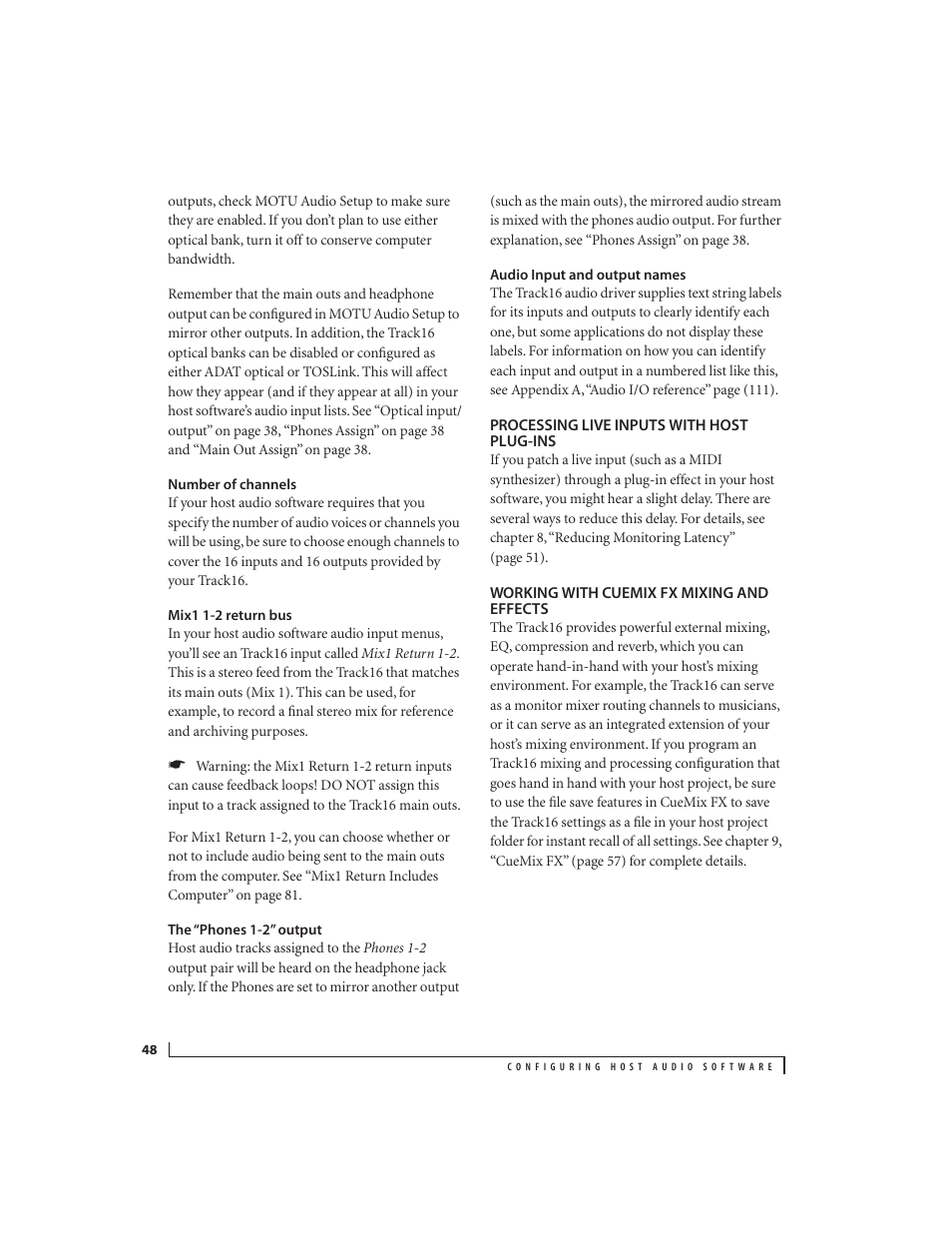 Number of channels, Mix1 1-2 return bus, The “phones 1-2” output | Audio input and output names, Processing live inputs with host plug-ins, Working with cuemix fx mixing and effects | MOTU Track16 - Desktop Studio FireWire/USB 2.0 Interface User Manual | Page 48 / 118