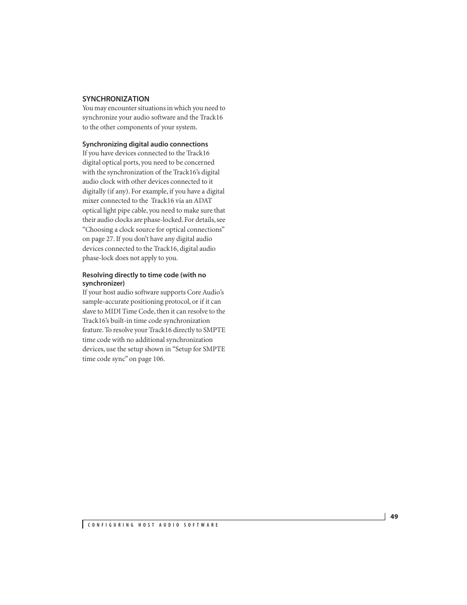 Synchronization, Synchronizing digital audio connections | MOTU Track16 - Desktop Studio FireWire/USB 2.0 Interface User Manual | Page 49 / 118