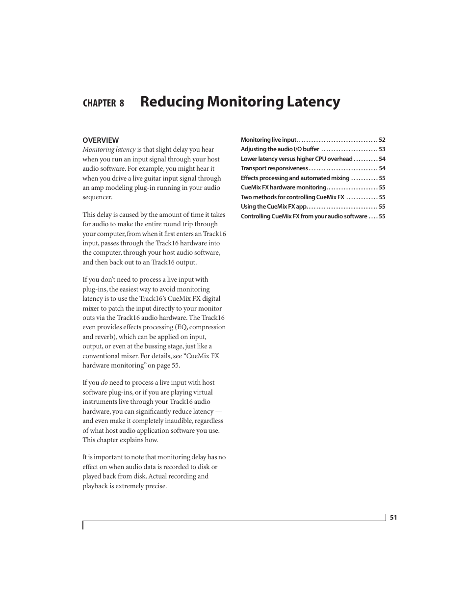 8 reducing monitoring latency, Overview, Reducing monitoring latency | Chapter | MOTU Track16 - Desktop Studio FireWire/USB 2.0 Interface User Manual | Page 51 / 118