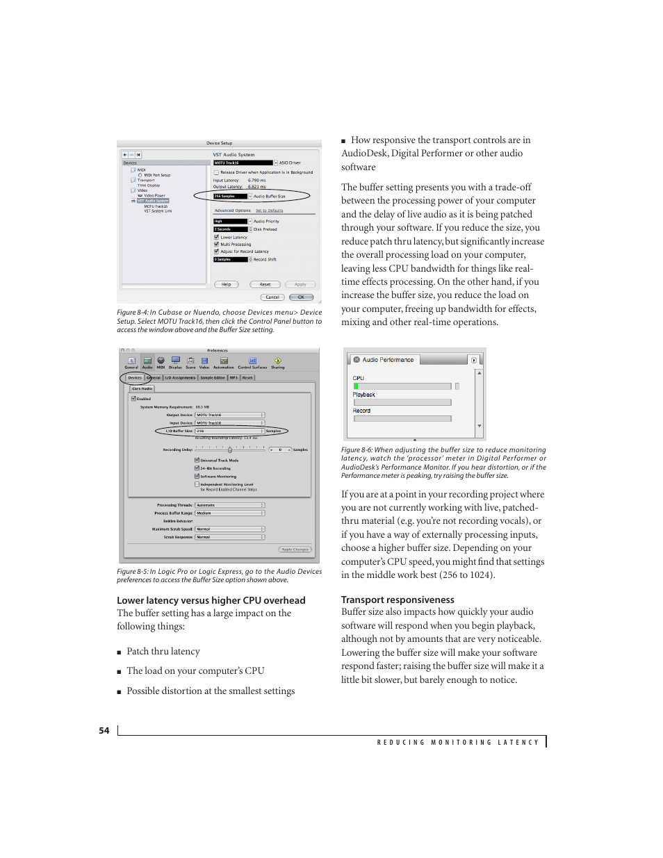 Lower latency versus higher cpu overhead, Transport responsiveness | MOTU Track16 - Desktop Studio FireWire/USB 2.0 Interface User Manual | Page 54 / 118