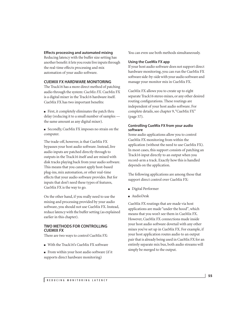 Effects processing and automated mixing, Cuemix fx hardware monitoring, Two methods for controlling cuemix fx | Using the cuemix fx app, Controlling cuemix fx from your audio software | MOTU Track16 - Desktop Studio FireWire/USB 2.0 Interface User Manual | Page 55 / 118