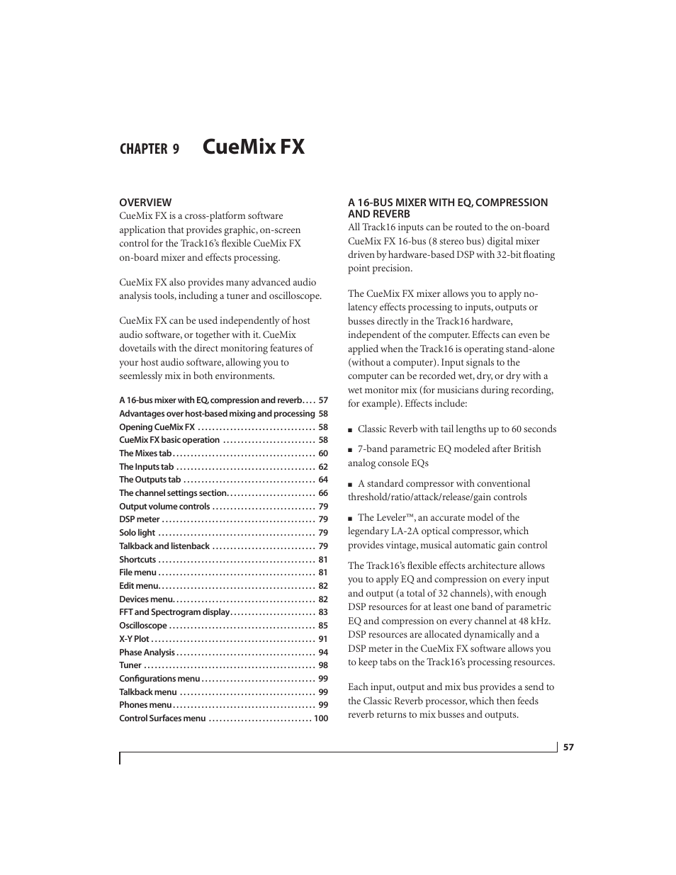 9 cuemix fx, Overview, A 16-bus mixer with eq, compression and reverb | Cuemix fx, Chapter | MOTU Track16 - Desktop Studio FireWire/USB 2.0 Interface User Manual | Page 57 / 118