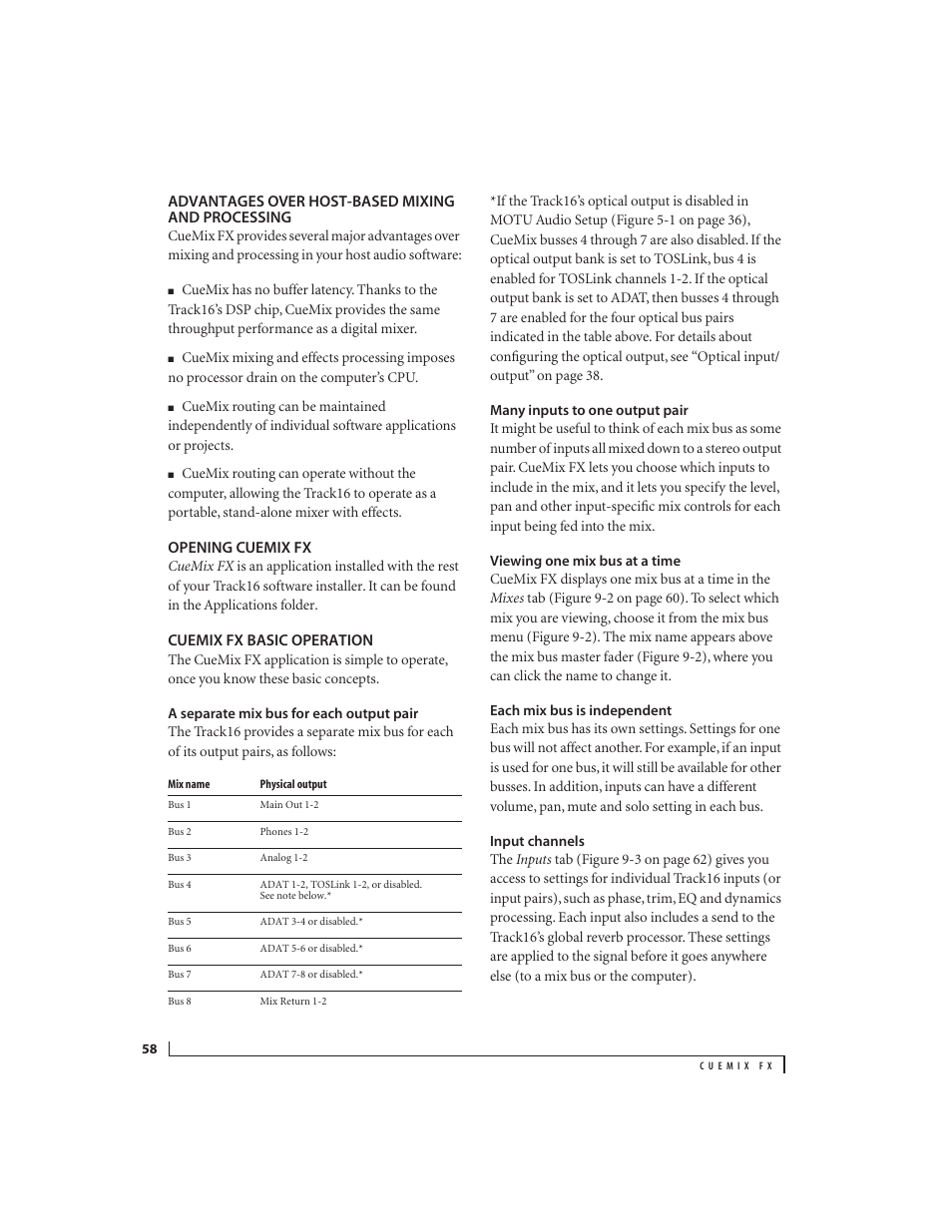 Advantages over host-based mixing and processing, Opening cuemix fx, Cuemix fx basic operation | A separate mix bus for each output pair, Many inputs to one output pair, Viewing one mix bus at a time, Each mix bus is independent, Input channels | MOTU Track16 - Desktop Studio FireWire/USB 2.0 Interface User Manual | Page 58 / 118