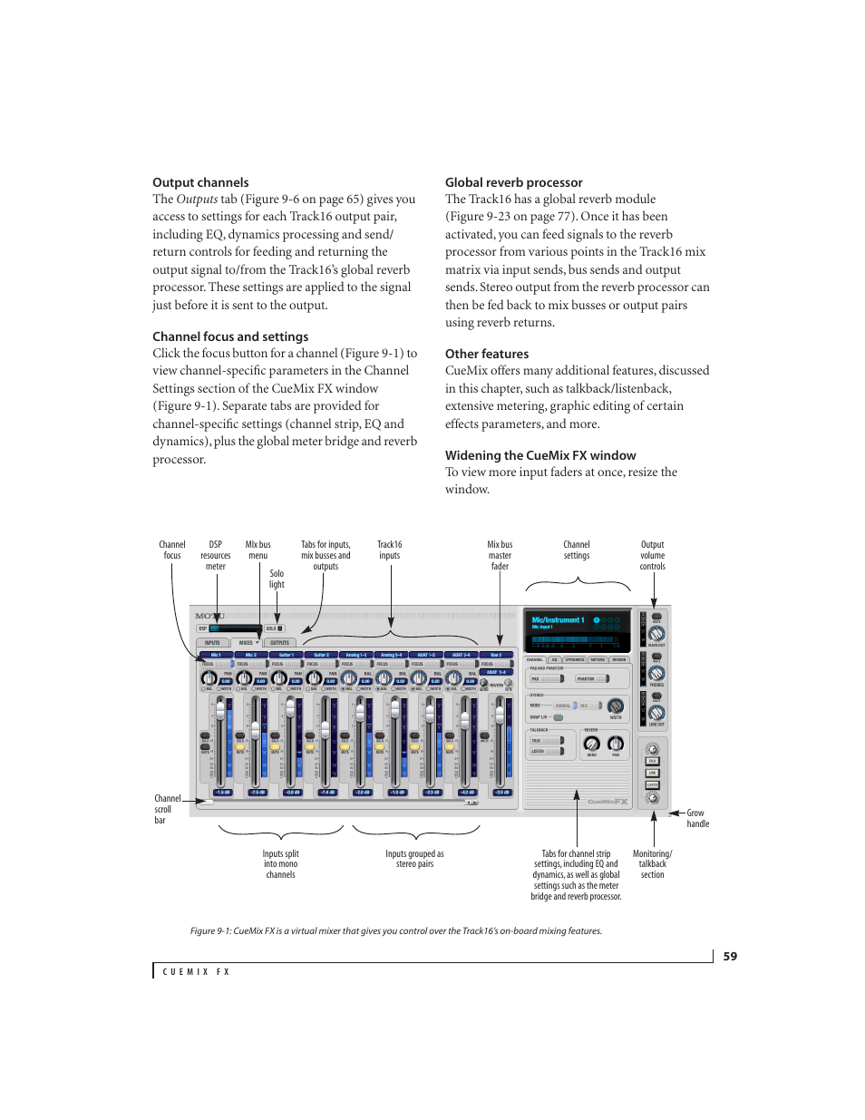 Output channels, Channel focus and settings, Global reverb processor | Other features, Widening the cuemix fx window | MOTU Track16 - Desktop Studio FireWire/USB 2.0 Interface User Manual | Page 59 / 118