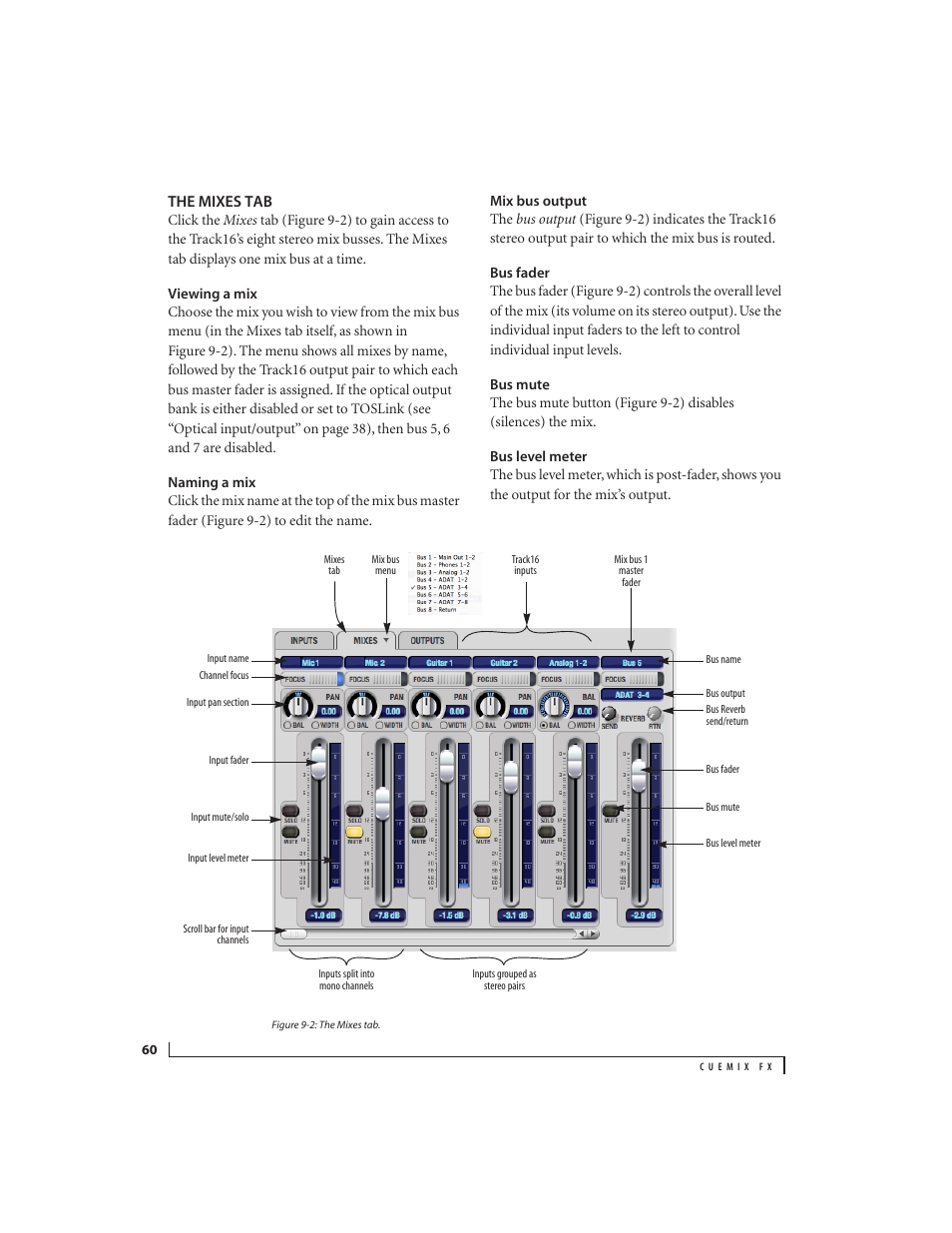 The mixes tab, Viewing a mix, Naming a mix | Mix bus output, Bus fader, Bus mute, Bus level meter | MOTU Track16 - Desktop Studio FireWire/USB 2.0 Interface User Manual | Page 60 / 118