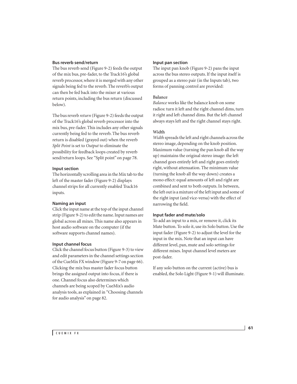 Bus reverb send/return, Input section, Naming an input | Input channel focus, Input pan section, Input fader and mute/solo | MOTU Track16 - Desktop Studio FireWire/USB 2.0 Interface User Manual | Page 61 / 118