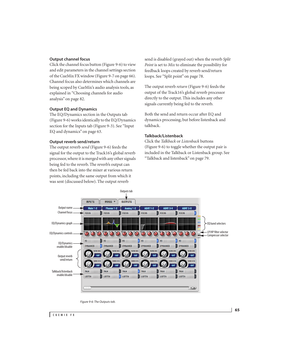 Output channel focus, Output eq and dynamics, Output reverb send/return | Talkback/listenback | MOTU Track16 - Desktop Studio FireWire/USB 2.0 Interface User Manual | Page 65 / 118