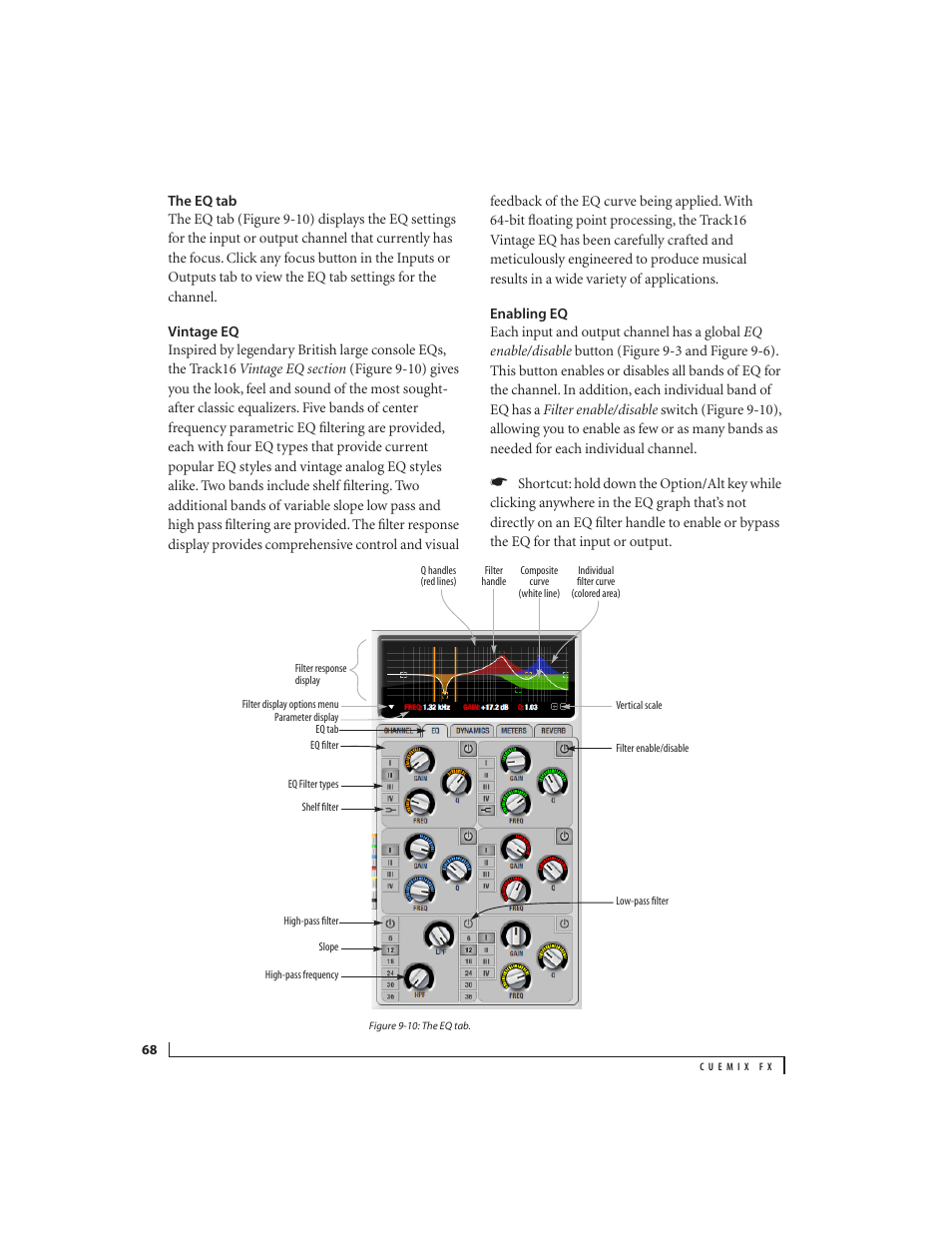 The eq tab, Vintage eq, Enabling eq | MOTU Track16 - Desktop Studio FireWire/USB 2.0 Interface User Manual | Page 68 / 118