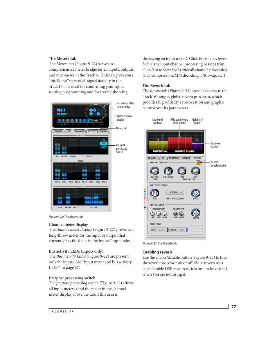 The meters tab, The reverb tab, Enabling reverb | MOTU Track16 - Desktop Studio FireWire/USB 2.0 Interface User Manual | Page 77 / 118